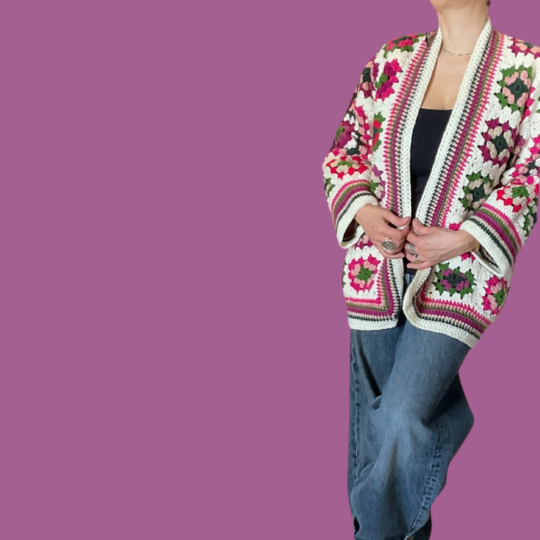 Granny Square Colored Knitted Cardigan