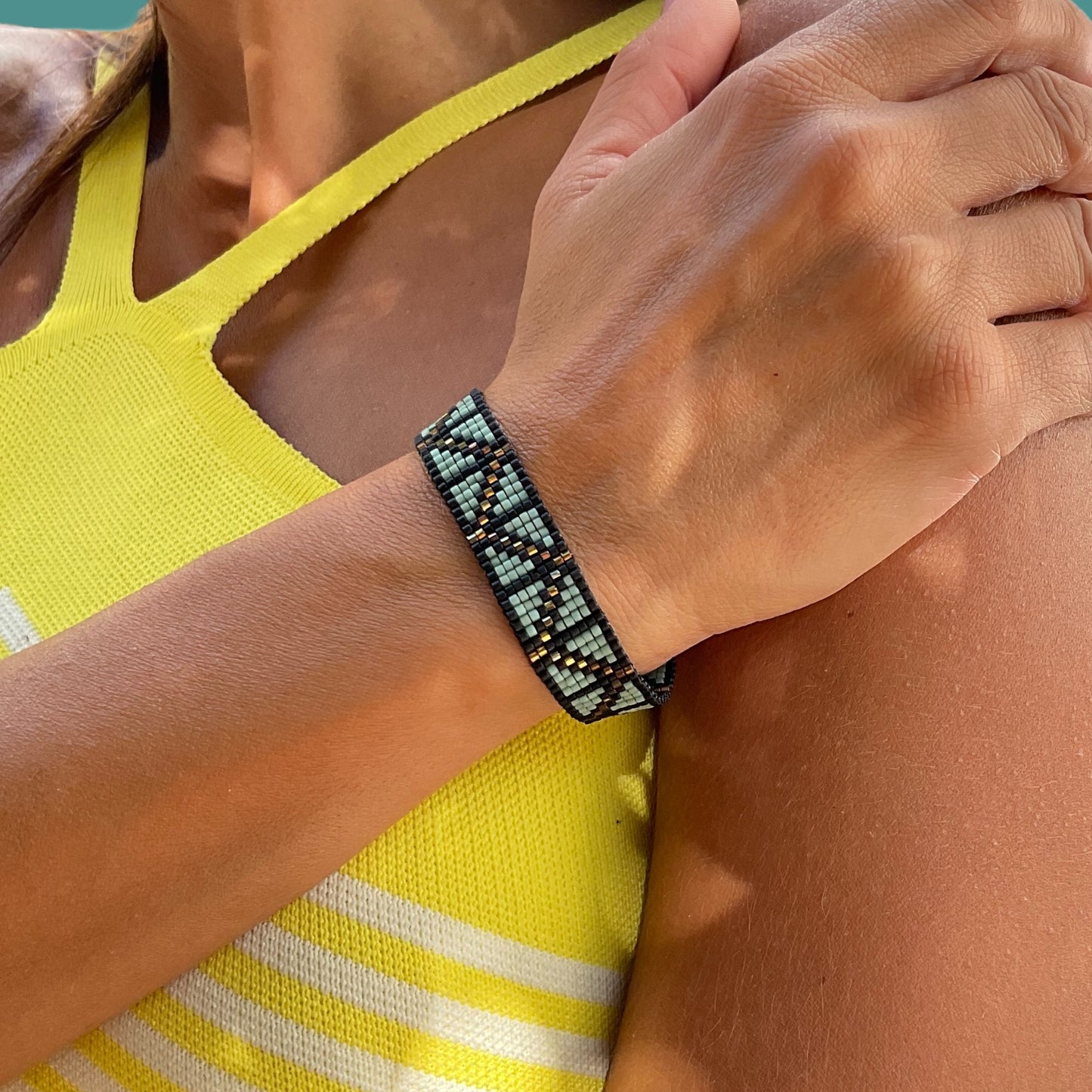 Loom & Miyuki Turquoise, Black, and Bronze Bracelet