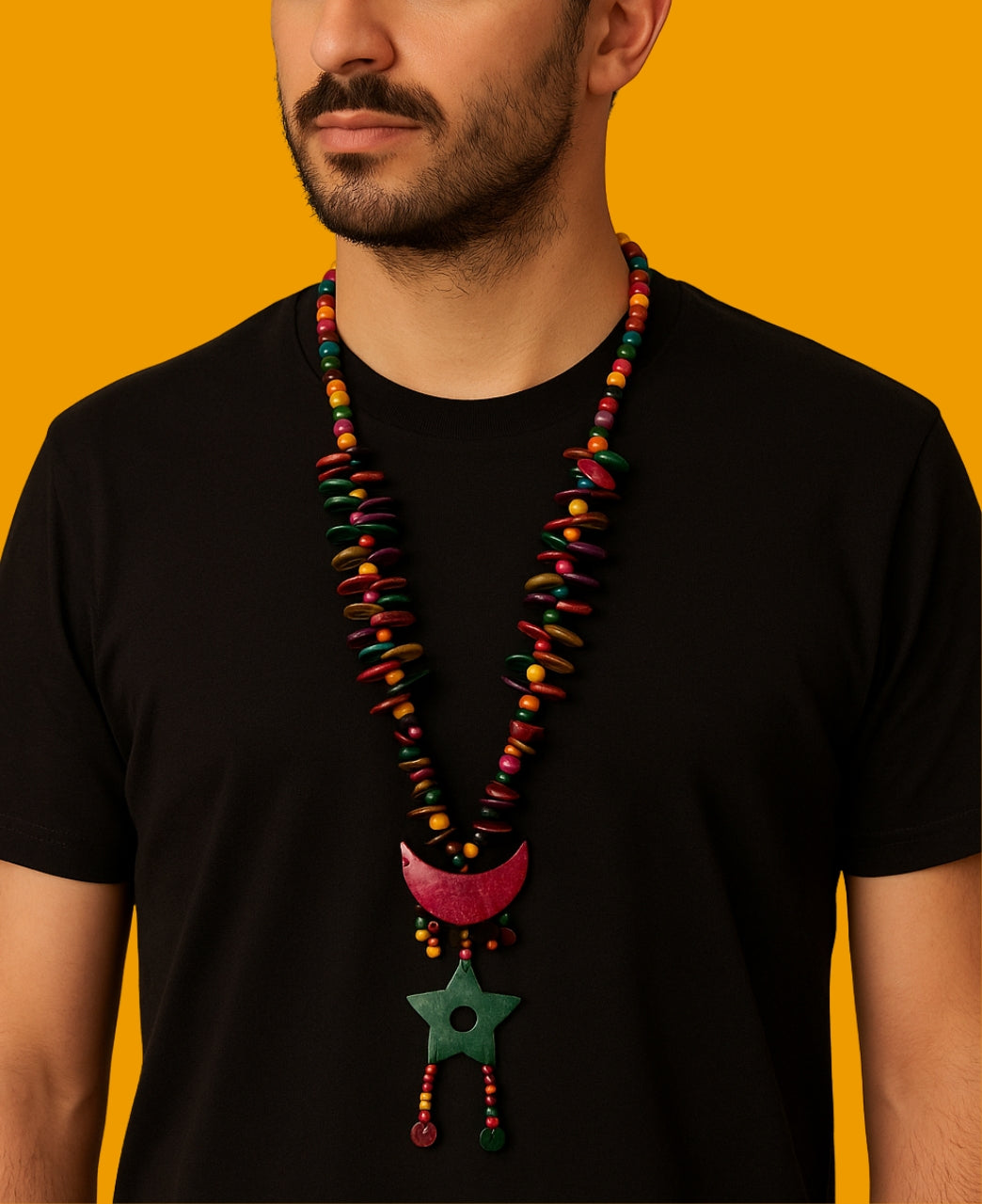Handmade Gambian Coconut Shell Necklace with Moon & Star Pendant