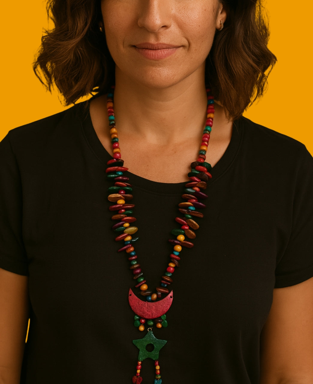 Handmade Gambian Coconut Shell Necklace with Moon & Star Pendant