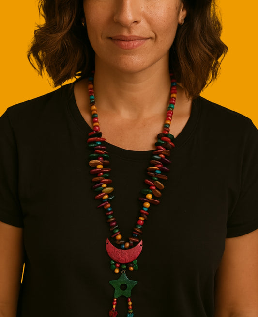 Handmade Gambian Coconut Shell Necklace with Moon & Star Pendant