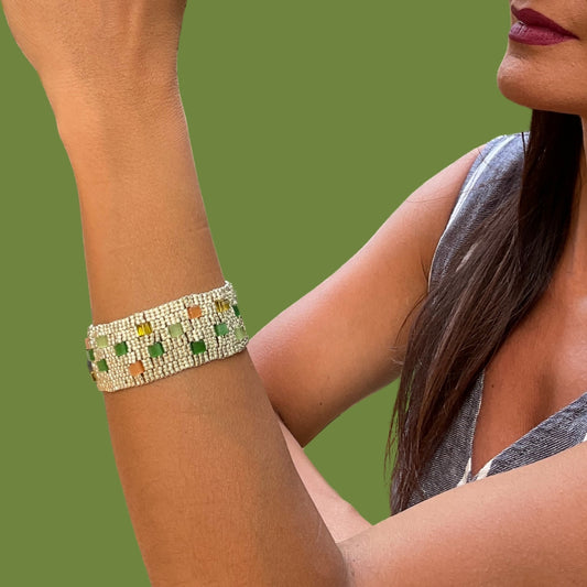 Handmade Mosaic Cuff-Style Bracelet with Shimmering Glass Beads