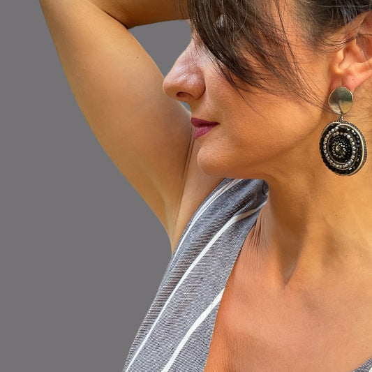 Handmade Beads and Embroidery Black Earrings