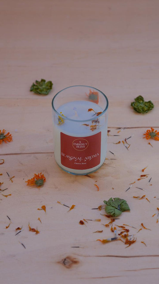 Organic Soy Wax Candle in Recycled Wine Glass - Cherry and Rose