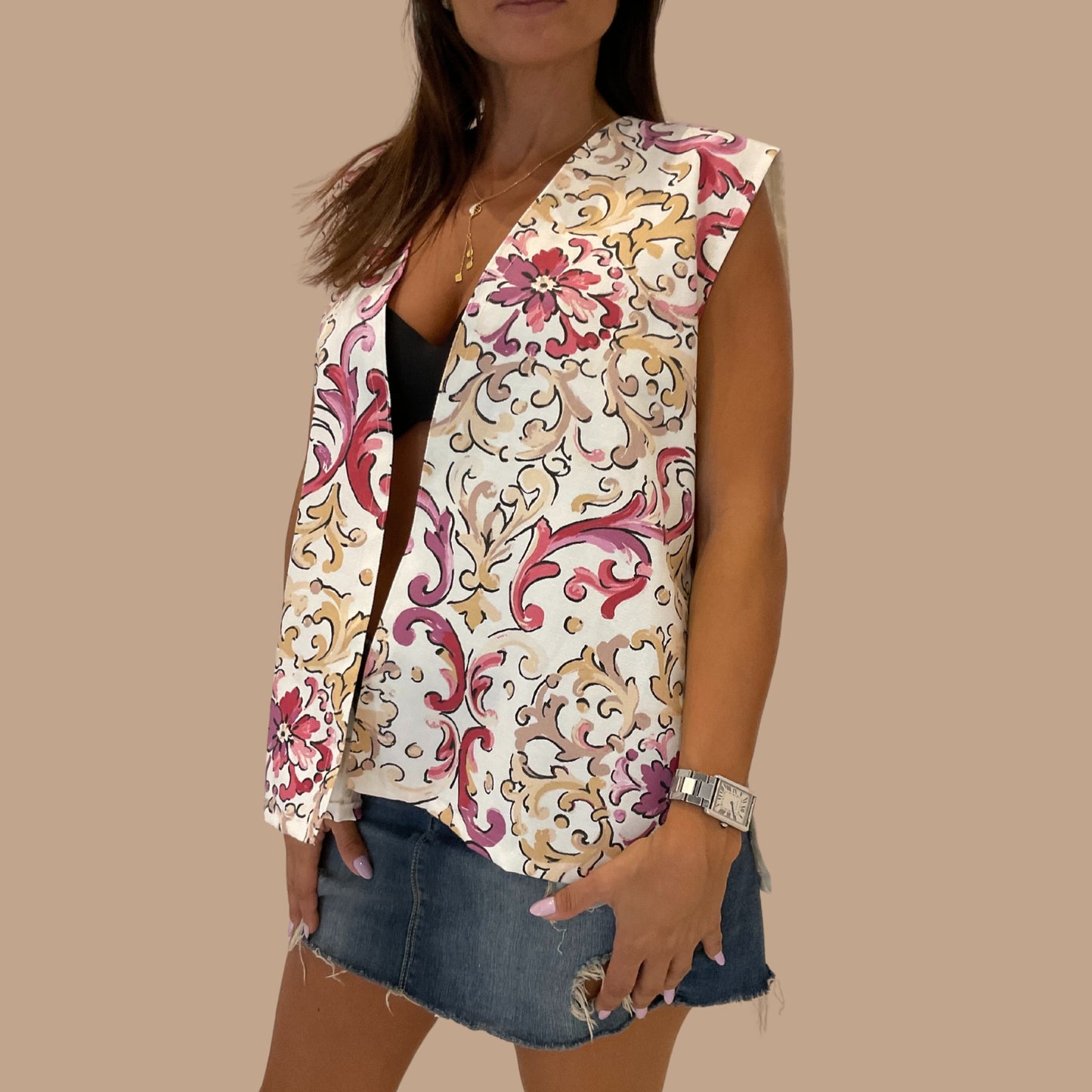 Upcycled White Linen Gilet with Pink Motifs