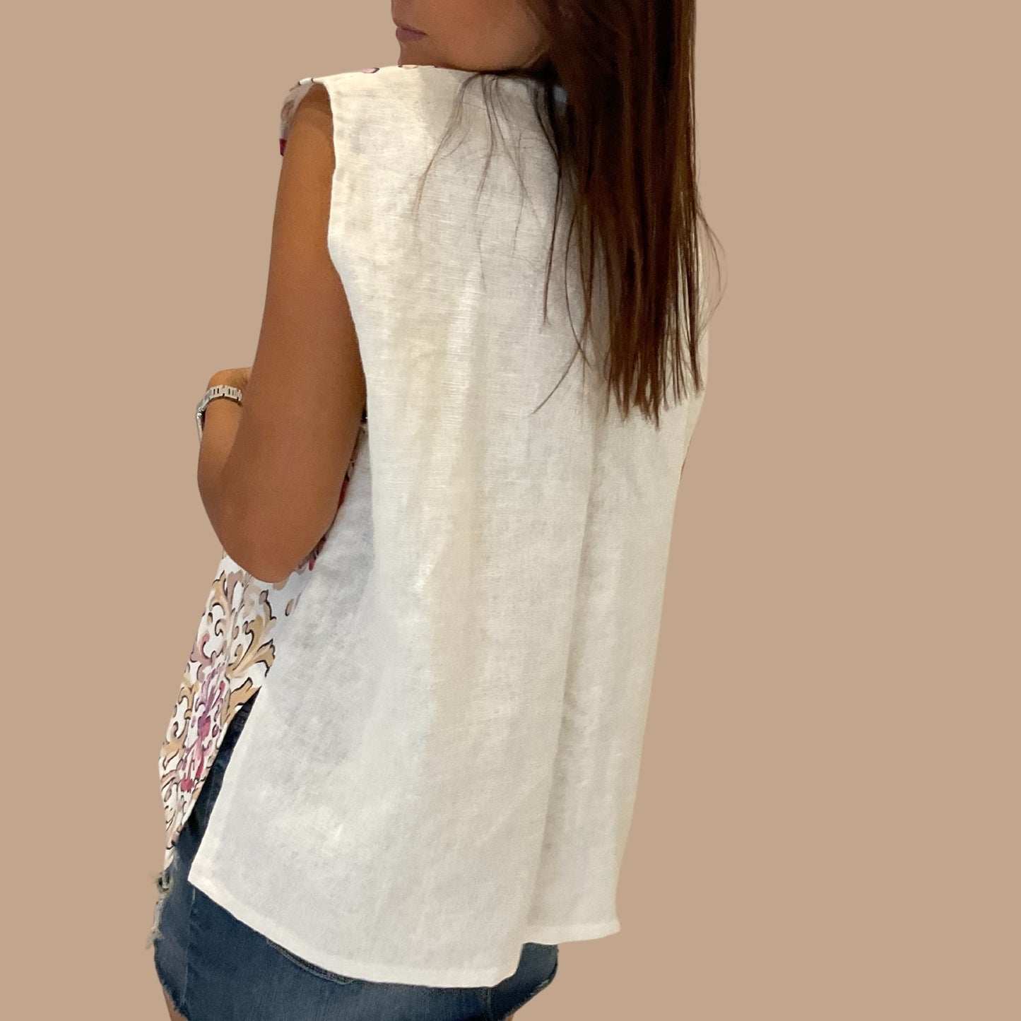 Upcycled White Linen Gilet with Pink Motifs