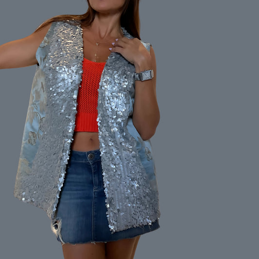 Upcycled Grey-Blue with Silver Paillettes Gilet