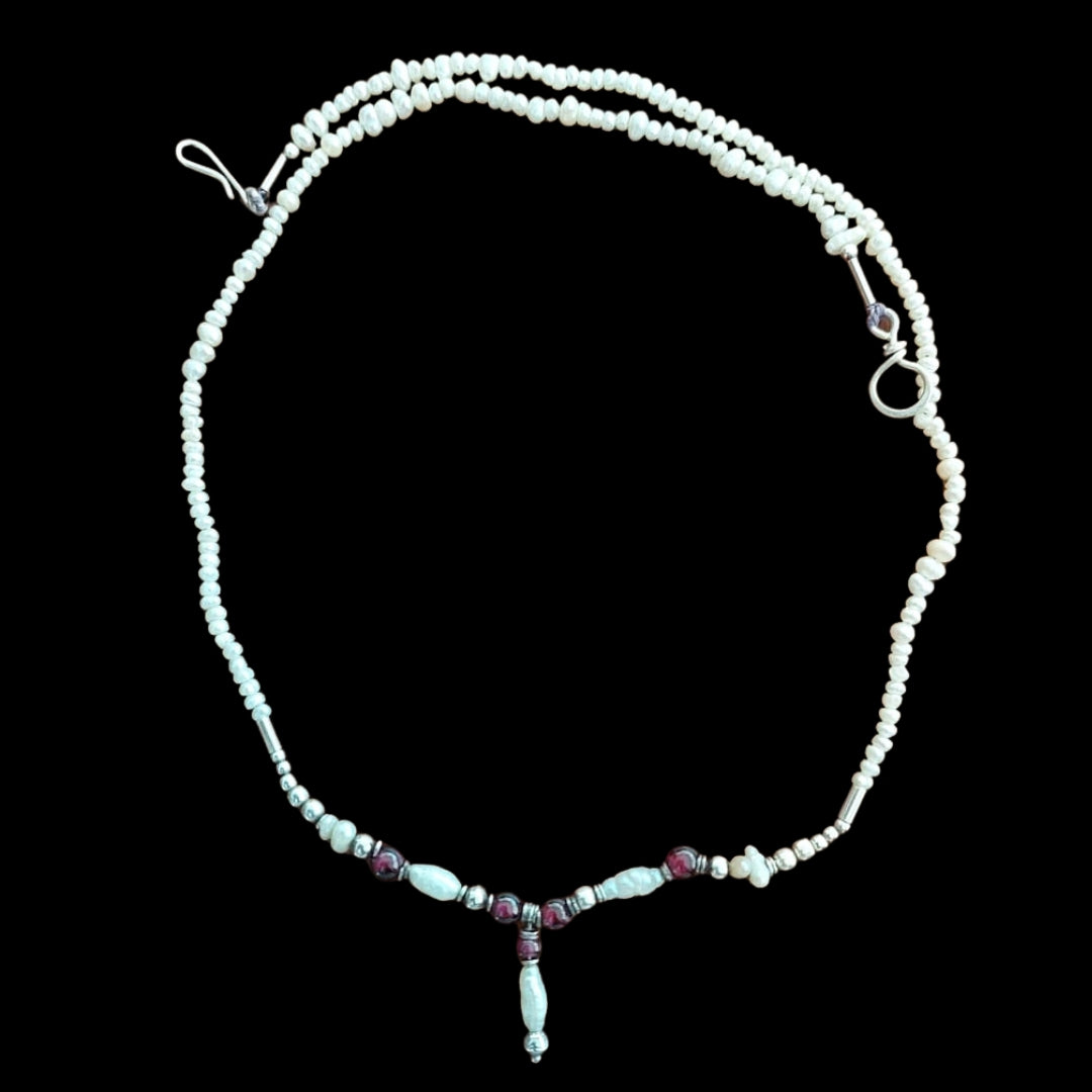 Pearls, Garnet and Silver Handmade Necklace