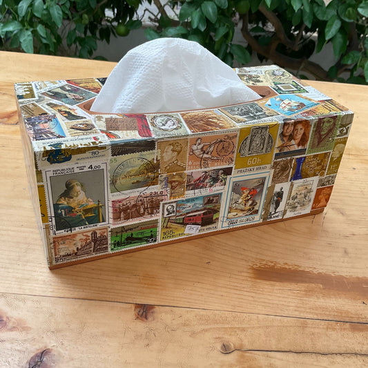 Artful Tissue Box with Foreign Stamps