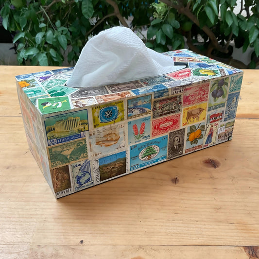 Artful Tissue Box with Lebanese Stamps