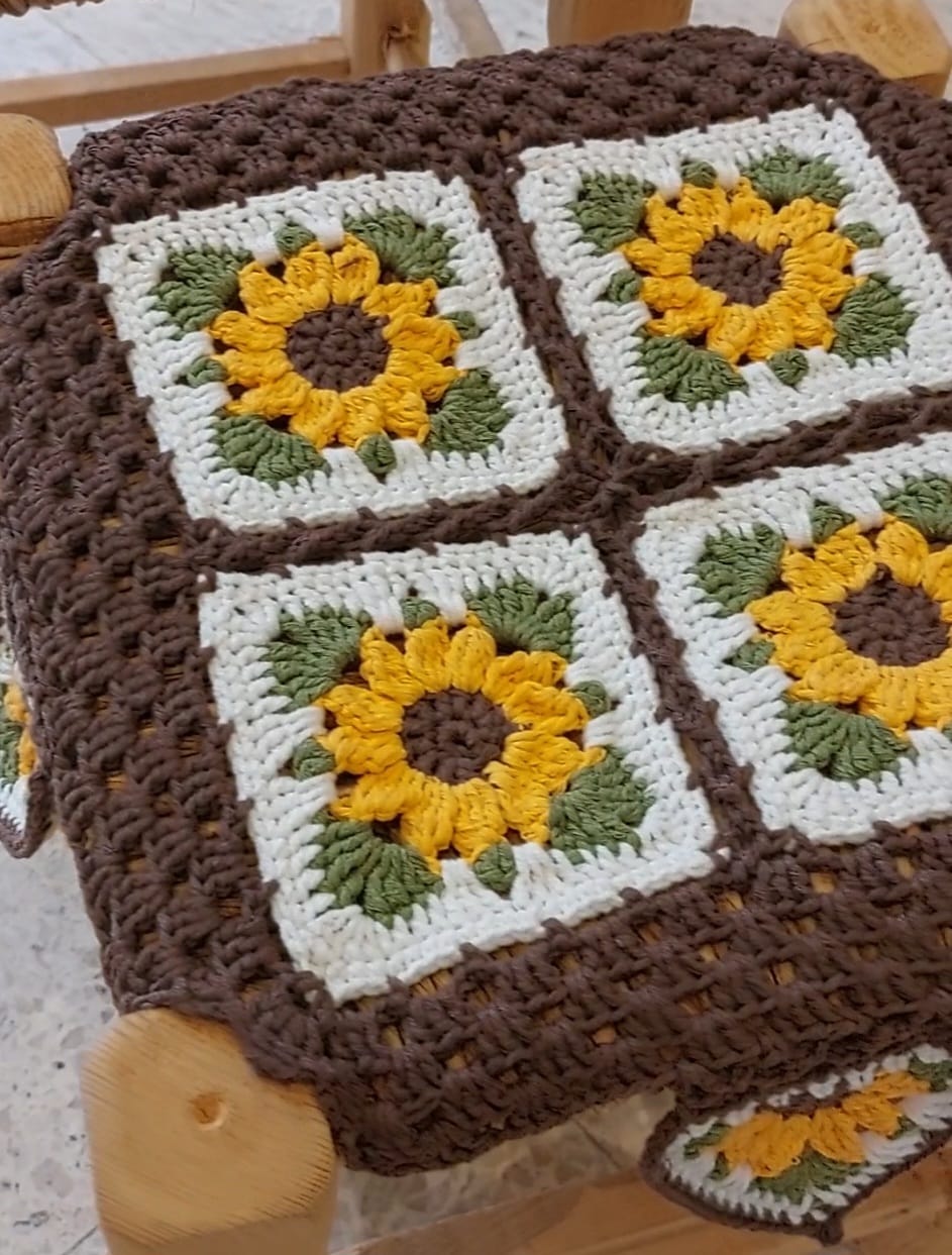 Lebanese Wooden Stool with Hand-Crocheted Cover