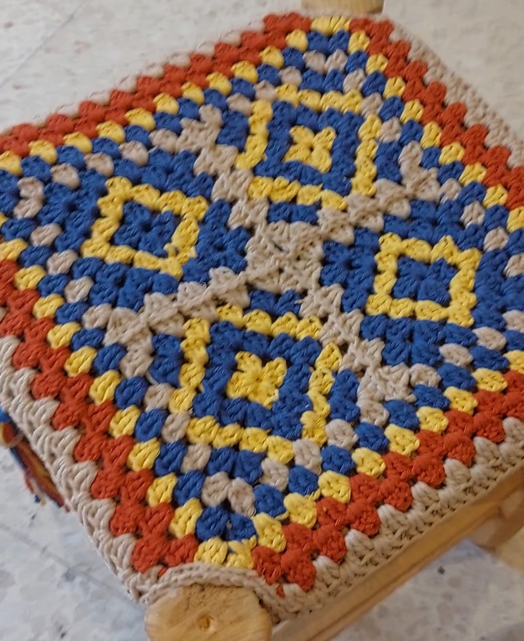 Lebanese Wooden Stool with Hand-Crocheted Cover