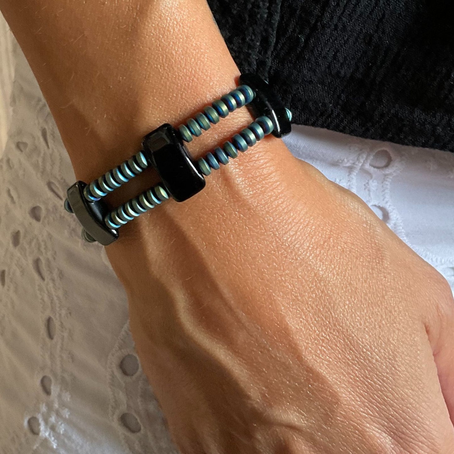 Handmade Hematite and Black Glass Bracelet