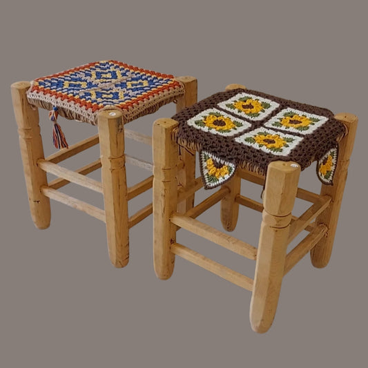 Lebanese Wooden Stool with Hand-Crocheted Cover