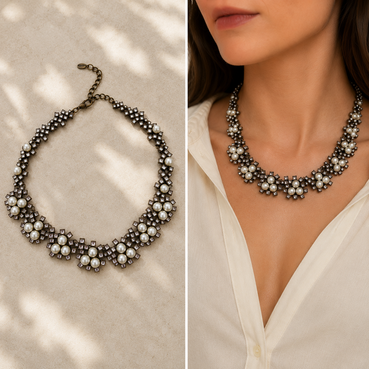 ReCollected Pearl & Crystal Floral Statement Necklace