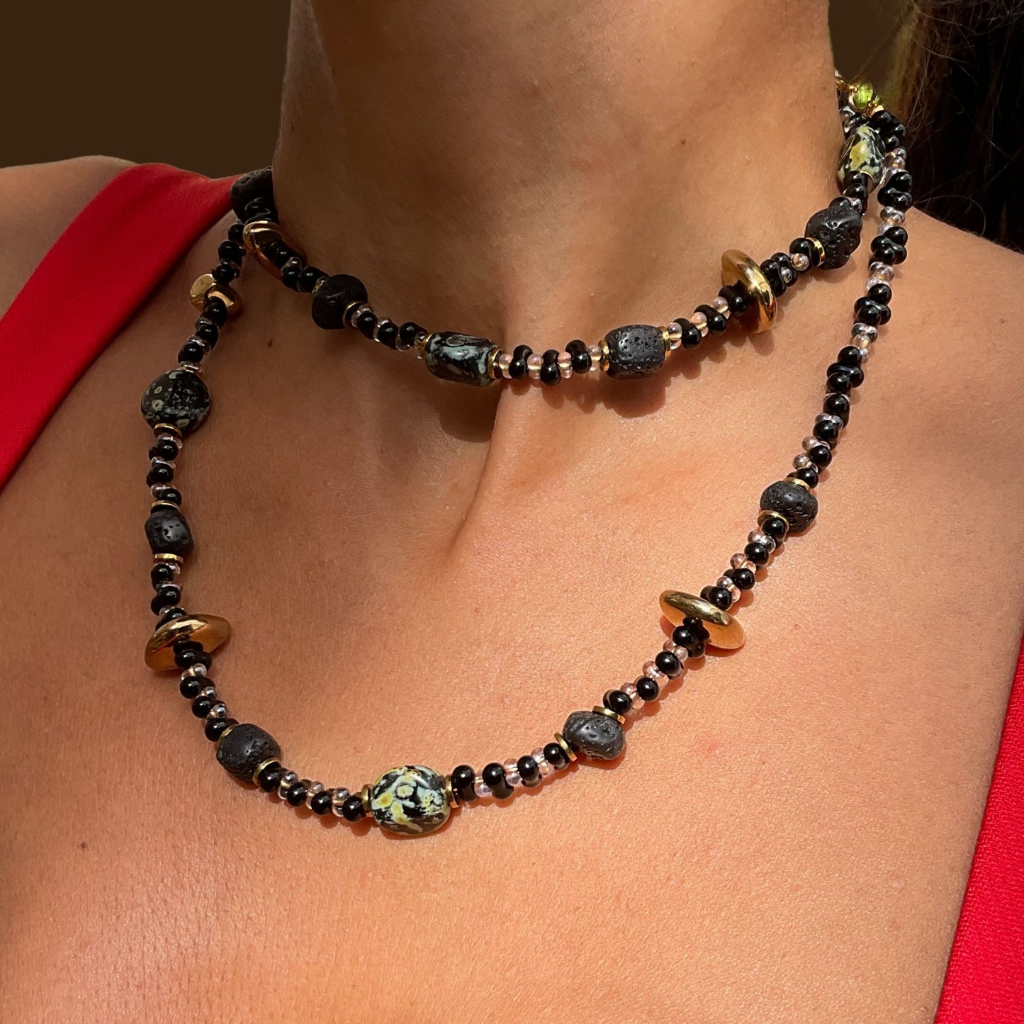 Black Beaded Necklace with Lava Stones