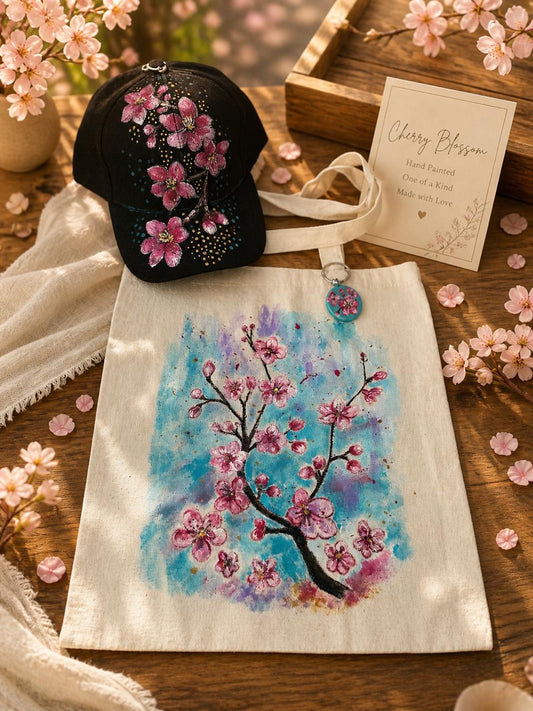 Hand-painted Cherry Blossom Tote Bag, Cap and Keychain