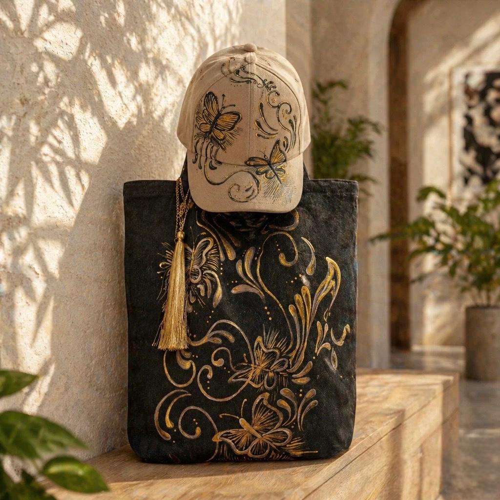 Hand-painted Golden Butterfly Tote Bag and Cap