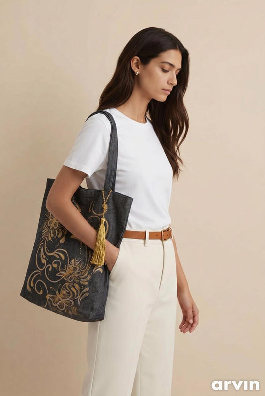 Hand-painted Golden Butterfly Tote Bag and Cap