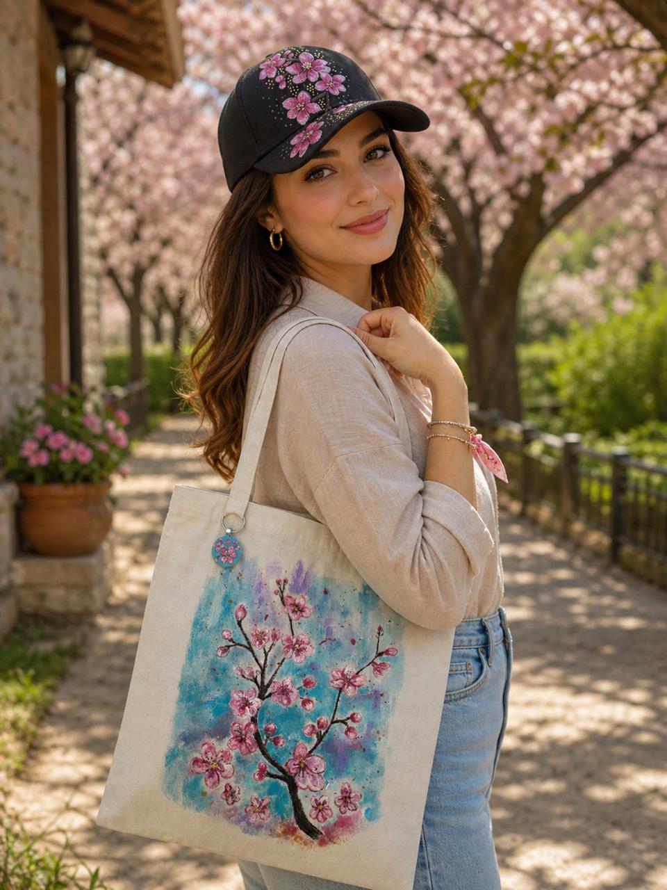 Hand-painted Cherry Blossom Tote Bag, Cap and Keychain